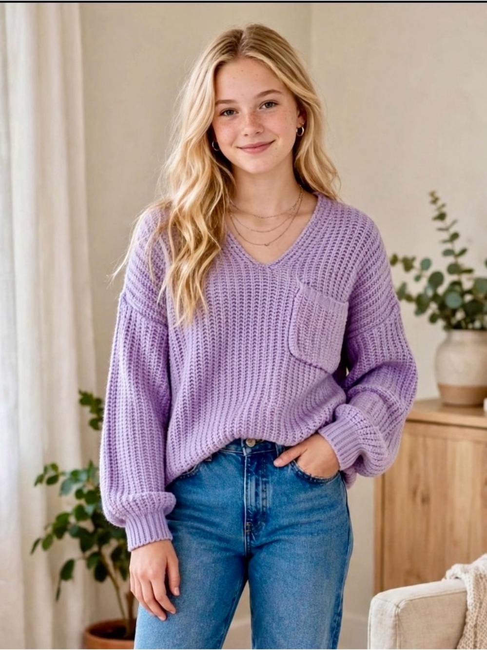 Lavender Oversized Chunky Knit Sweater -V Neck Pocket Pullover -Cozy Cottagecore